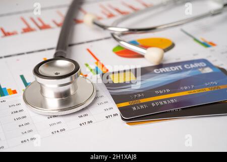Stethoscope and US dollar banknotes on chart or graph paper, Financial, account, statistics and business data  medical health concept. Stock Photo