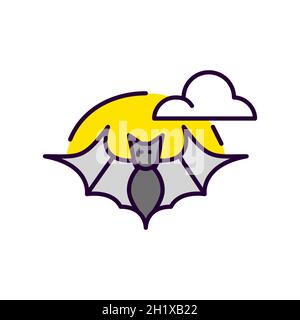 Halloween bat silhouette flying agains the moon. Pixel perfect, editable stroke colorful line art icon Stock Vector