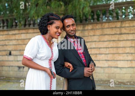 Mekele, Ethiopia - April 28, 2019: Ethiopian beautiful woman with traditional costume with husband on the street in Mekelle, second largest city and c Stock Photo