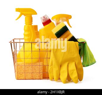 Cleaning items in basket isolated on white background Stock Photo