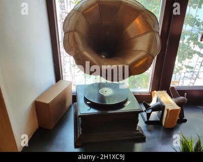 Old record player over white background. Retro image Stock Photo