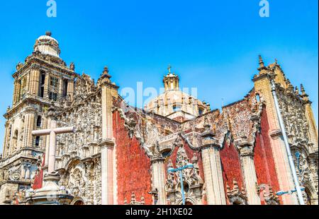 Cathedral of Mexico City an architectural masterpiece with blue sky in the center of Mexico City in Mexico. Stock Photo