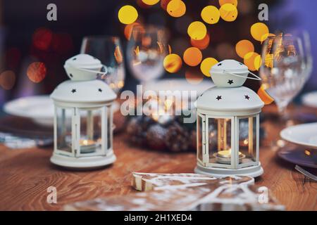 Picture of christmas table decoration with candles Stock Photo