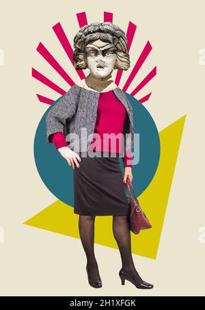 Funny buisness woman with statue head standing on color abstract background. Art collage Stock Photo