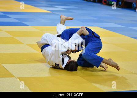 Orenburg, Russia - 21 October 2017: Boys compete in Judo at the all-Russian Judo tournament among boys and girls dedicated to the memory of V. S. Cher Stock Photo