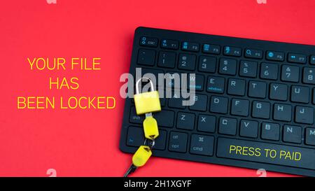 Computer security and extortion concept. Ransomware virus has encrypted data in laptop. Hacker is offering key to unlock encrypted data for money. Stock Photo