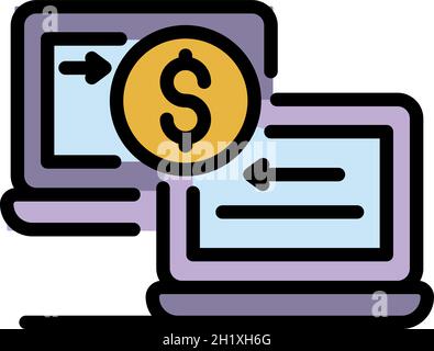 Laptop money transfer icon. Outline laptop money transfer vector icon color flat isolated Stock Vector