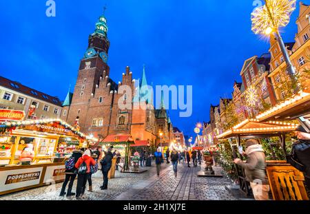 Wroclaw, Poland - December 2019:  Famous Christmas Market of Europe, winter traveling background. Stock Photo