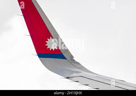 Bangkok Thailand 21. Mai 2018 Wing with logo from plane of Nepal Airlines seen from the airplane window. Stock Photo
