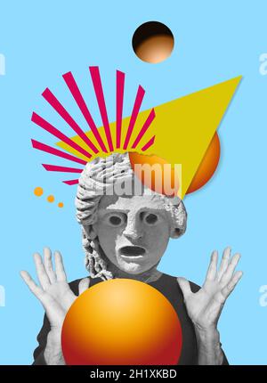 Contemporary digital collage of surprised statue head in pop art style Stock Photo
