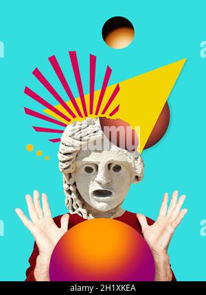Contemporary digital collage of surprised statue head in pop art style Stock Photo