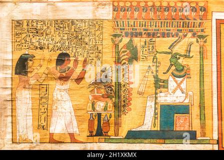 TURIN, ITALY - CIRCA MAY 2021: ancient Egyptian papyrus with hieroglyphic funerary text. Circa 1550 BC antique manuscript. Stock Photo