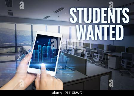 Text caption presenting Students Wanted, Conceptual photo list of things wishes or dreams young showing in school want Hand Touching Screen Of Mobile Stock Photo