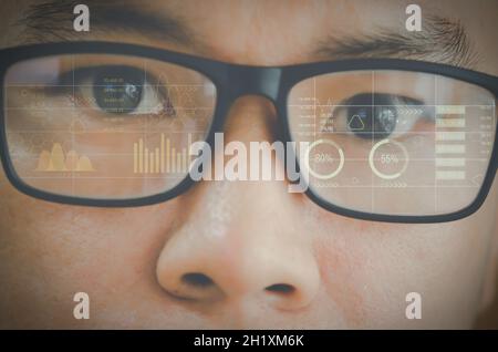 Close up eye in glasses with futuristic holographic interface to display data.future technology, internet concept. Stock Photo