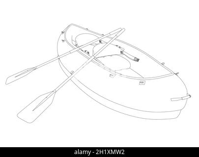 Contour of a rubber boat with oars from black lines isolated on a white background. Vector illustration. Stock Vector