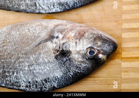 Dorado fish on cutting board.  Food Images ~ Creative Market