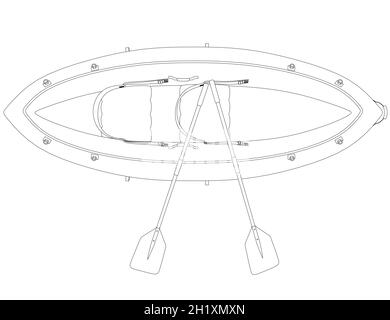Contour of a rubber boat with oars from black lines isolated on a white background. View from above. Vector illustration. Stock Vector