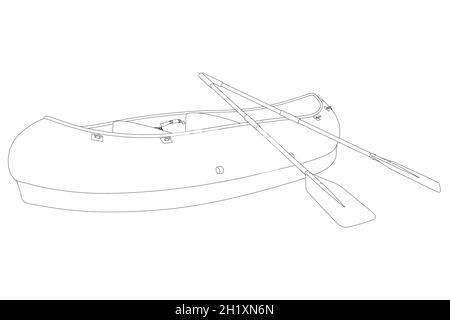Contour of a rubber boat with oars from black lines isolated on a white background. Vector illustration Stock Vector
