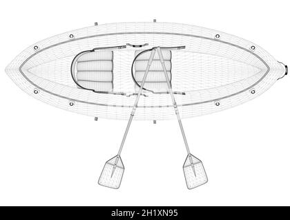 Wireframe of a rubber boat with oars from black lines isolated on a white background. View from above. 3D. Vector illustration Stock Vector