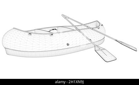 Wireframe of a rubber boat with oars from black lines isolated on a white background. 3D. Vector illustration Stock Vector