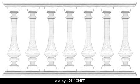 Wireframe decorative fence isolated on white background. Part of the railing. 3D. Vector illustration Stock Vector