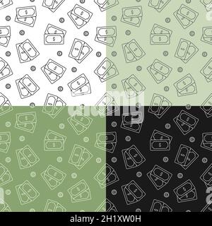 set of seamless patterns with Bundle of dollars and coins. Saving money and using cash. Ornament for decoration and printing on fabric. Design element Stock Vector