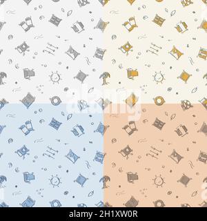set of seamless patterns with doodle linear icons. Printing of finished photos. Camera, film, memory card, lens. Ornament for decoration and printing Stock Vector