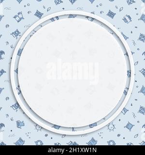 Circle frame, background on seamless pattern with doodle linear icons. Printing of finished photos. Camera, film, memory card, lens. Media network pos Stock Vector