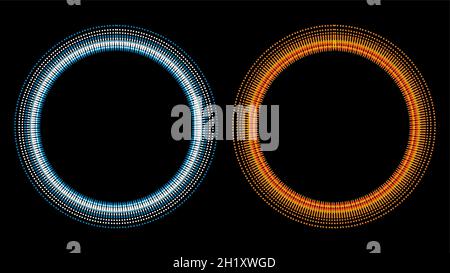 Round frames set, collection. Ring shape, circle made of long drops, droplets, uneven dots, paint splashes, specks, tiny spots, water blobs. Radial te Stock Vector