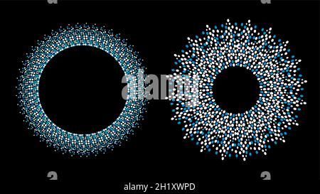 Round frames set, collection. Ring shape, circle made of long drops, droplets, uneven dots, paint splashes, specks, tiny spots, water blobs. Radial te Stock Vector