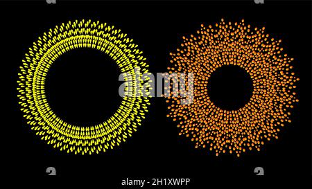 Round frames set, collection. Ring shape, circle made of long drops, droplets, uneven dots, paint splashes, specks, tiny spots, water blobs. Radial te Stock Vector