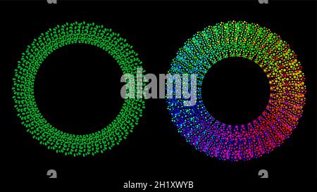 Round frames set, collection. Ring shape, circle made of long drops, droplets, uneven dots, paint splashes, specks, tiny spots, water blobs. Radial te Stock Vector