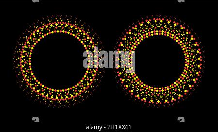 Round frames set, collection. Ring shape, circle made of long drops, droplets, uneven dots, paint splashes, specks, tiny spots, water blobs. Radial te Stock Vector