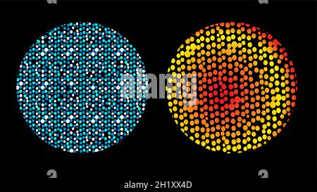 Round frames set, collection. Ring shape, circle made of long drops, droplets, uneven dots, paint splashes, specks, tiny spots, water blobs. Radial te Stock Vector