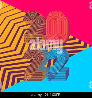 2022 Happy New Year. Colorful neon zig zag geometric background. 3d dimensional 2022 numbers in thin lines striped style. Abstract cover design vector Stock Vector