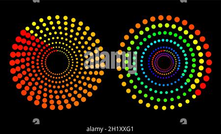 Round frames set, collection. Ring shape, circle made of long drops, droplets, uneven dots, paint splashes, specks, tiny spots, water blobs. Radial te Stock Vector