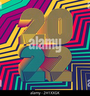 2022 Happy New Year. Colorful neon zig zag geometric background. 3d dimensional 2022 numbers in thin lines striped style. Abstract cover design vector Stock Vector