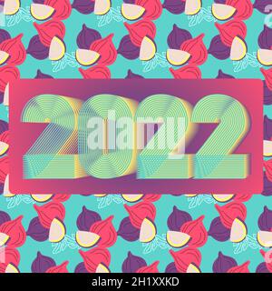 2022 Happy New Year. Seamless pattern of figs background. 3d dimensional 2022 numbers, thin lines striped style. Abstract cover design vector illustra Stock Vector