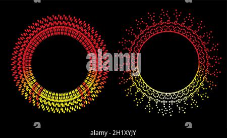 Round frames set, collection. Ring shape, circle made of long drops, droplets, uneven dots, paint splashes, specks, tiny spots, water blobs. Radial te Stock Vector