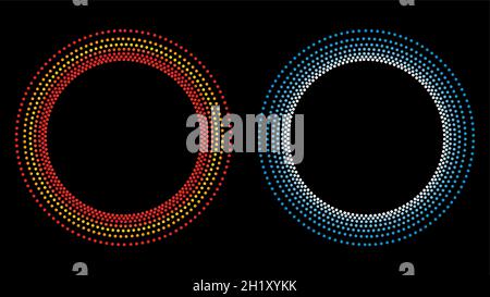 Round frames set, collection. Ring shape, circle made of long drops, droplets, uneven dots, paint splashes, specks, tiny spots, water blobs. Radial te Stock Vector