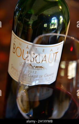 GIRONDE (33). GRAVES. WINES AND VINEYARDS OF GRAVES. WINE TASTING AT CHATEAU BOUSCAUT. Stock Photo