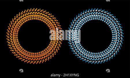 Round frames set, collection. Ring shape, circle made of long drops, droplets, uneven dots, paint splashes, specks, tiny spots, water blobs. Radial te Stock Vector