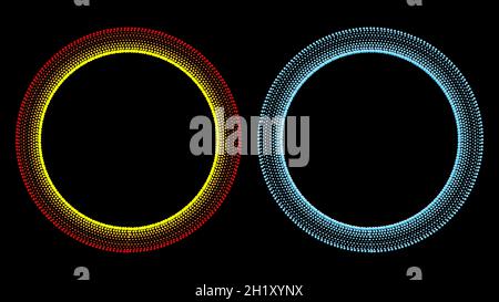 Round frames set, collection. Ring shape, circle made of long drops, droplets, uneven dots, paint splashes, specks, tiny spots, water blobs. Radial te Stock Vector