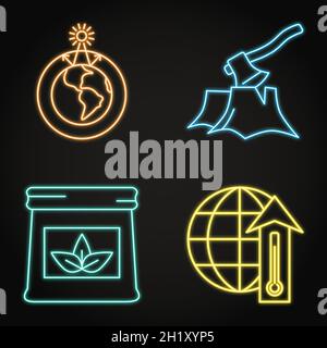 Neon ecology and climate change icon set. Greenhouse effect, global warming, logging and fertilizers symbols. Vector illustration. Stock Vector