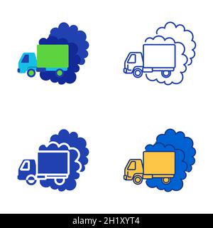 Air pollution icon set in flat and line style. Truck vehicle with co2 cloud, city road smog. Vector illustration. Stock Vector