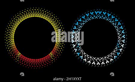 Round frames set, collection. Ring shape, circle made of long drops, droplets, uneven dots, paint splashes, specks, tiny spots, water blobs. Radial te Stock Vector