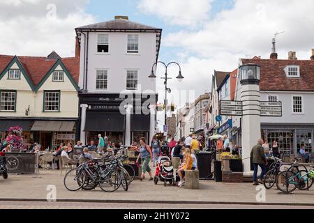 Street scene at Angel hill, Bury St Edmunds, Suffolk. Stock Photo