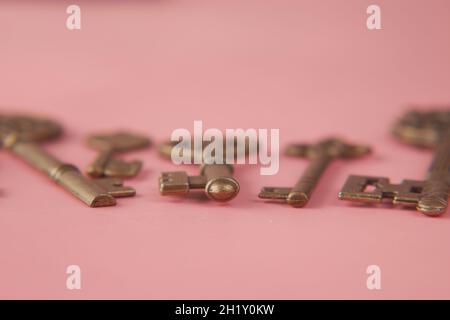 many old keys on pick background  Stock Photo