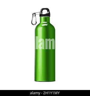 Insulated water bottle with carry handle and carabiner clip, realistic vector mock-up. Stainless steel sport flask. Template for design Stock Vector