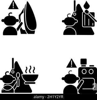 Skin burns danger black glyph icons set on white space Stock Vector